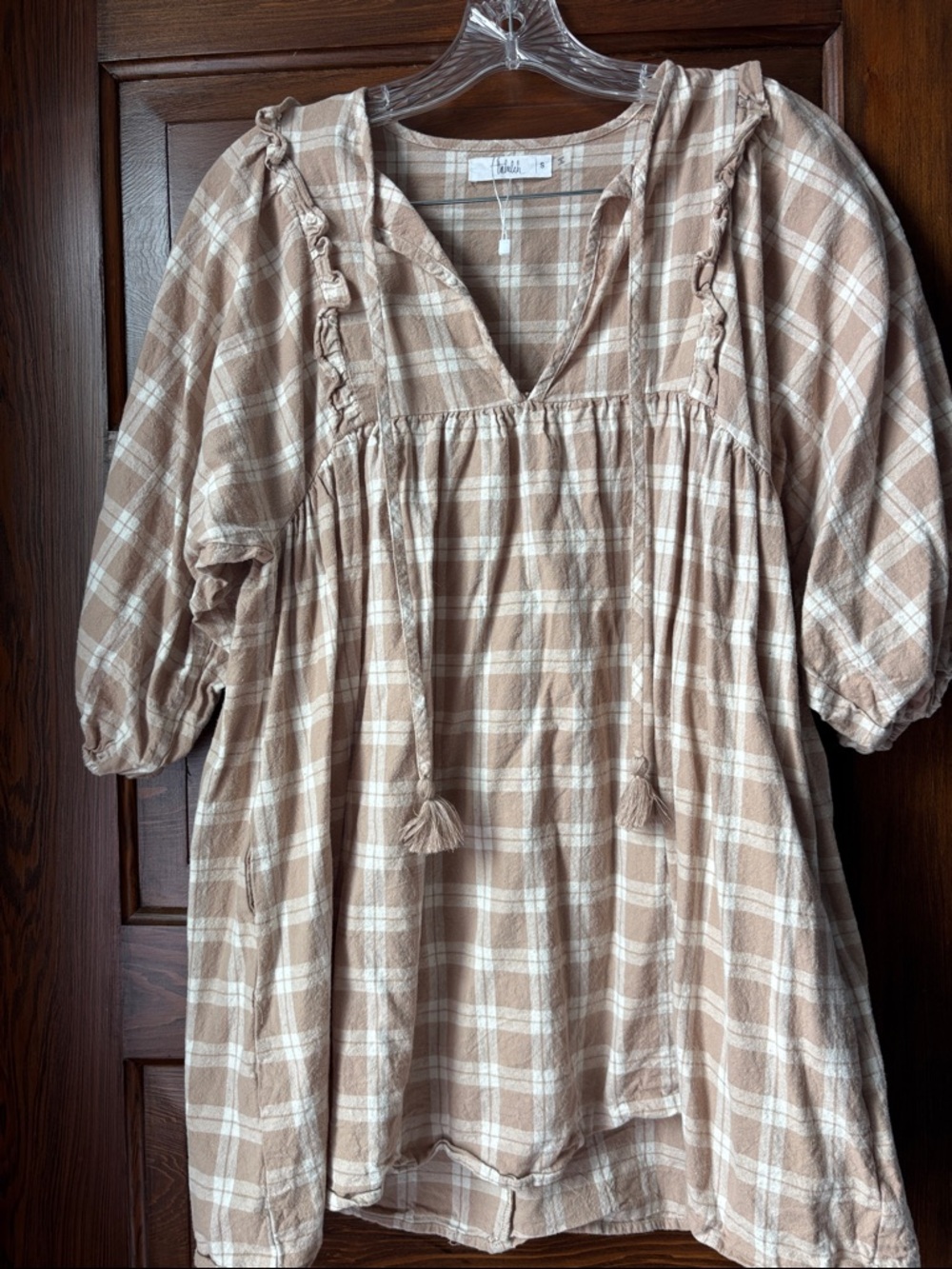 TALULAH Tan and Cream Plaid Peasant Tunic